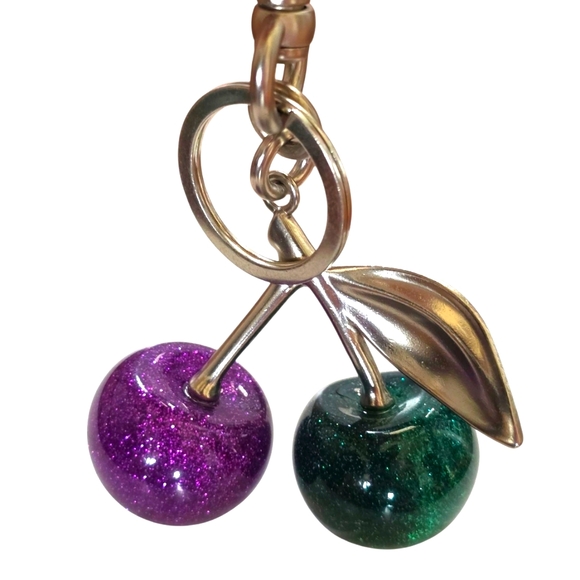 NEW Purple and Green Glitter Mardi Gras Cherry Purse Charm or Keyring - Picture 1 of 1